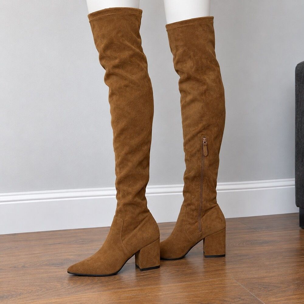 Goodnight Macaroon Marlo Tan Suede Over The Knee Boots Block Heel Size 7.5 NWOT - Picture 2 of 9